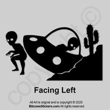 Load image into Gallery viewer, Crashed UFO Alien Corner Windshield Decal Wrangler space Sticker Easter Egg Area 51 bitcowsstickers.com