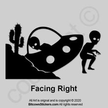 Load image into Gallery viewer, Crashed UFO Alien Corner Windshield Decal Wrangler space Sticker Easter Egg Area 51 bitcowsstickers.com