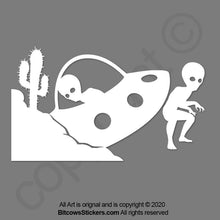 Load image into Gallery viewer, Crashed UFO Alien Corner Windshield Decal Wrangler space Sticker Easter Egg Area 51 bitcowsstickers.com