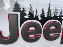 Load image into Gallery viewer, Bigfoot/Sasquatch Trees Vinyl Decal over logo for 2018-2022 Wrangler JL, JLU