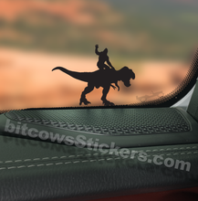 Load image into Gallery viewer, Bigfoot Riding T-Rex Vinyl Decal | Windshield Easter Egg Dinosaur Cryptid Sticker
