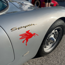 Load image into Gallery viewer, Red Pegasus decal applied beneath the side mirror of a modern white sports car
